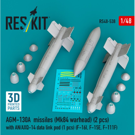 Reskit Rs48-0538 1/48 Agm-130a Missiles 2 Pcs Mk84 Warhead With An/Axq-14 Data Link Pod 1 Pcs F-16i F-15e F-111f 3d Printed Reskit Rs48-0538 1/48 Agm-130a Missiles 2 Pcs Mk84 Warhead With An/Axq-14 Data Link Pod 1 Pcs F-16i F-15e F-111f 3d Printed