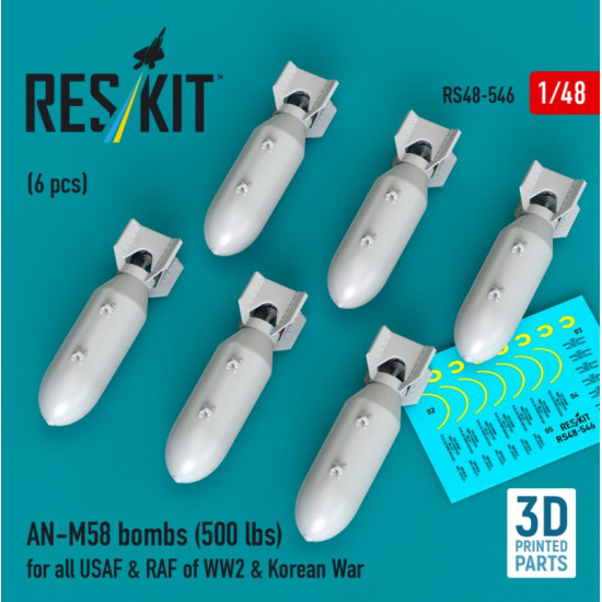 Reskit Rs48-0546 1/48 An-m58 Bombs 6pcs 500 Lbs For All Usaf Raf Of Ww2 Korean War 3d Printed Reskit Rs48-0546 1/48 An-m58 Bombs 6pcs 500 Lbs For All Usaf Raf Of Ww2 Korean War 3d Printed
