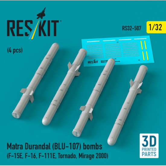 Reskit Rs32-0507 1/32 Matra Durandal Blu-107 Bombs 4 Pcs F-15e F-16 F-111e Tornado Mirage 2000 3d Printed Reskit Rs32-0507 1/32 Matra Durandal Blu-107 Bombs 4 Pcs F-15e F-16 F-111e Tornado Mirage 2000 3d Printed
