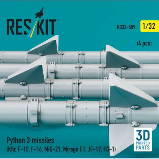 Reskit Rs32-0509 1/32 Python 3 Missiles 4 Pcs Kfir F-15 F-16 Mig-21 Mirage F1 Jf-17 Fc-1 3d Printed Reskit Rs32-0509 1/32 Python 3 Missiles 4 Pcs Kfir F-15 F-16 Mig-21 Mirage F1 Jf-17 Fc-1 3d Printed