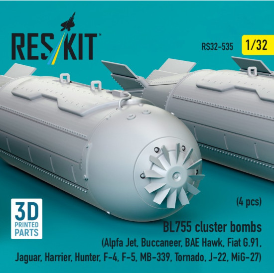 Reskit Rs32-0535 1/32 Bl755 Cluster Bombs 4pcs Alpfa Jet Buccaneer Bae Hawk Fiat G91 Jaguar Harrier Hunter F-4 F-5 Mb-339 Tornado J-22 Mig-27 3d Printed Reskit Rs32-0535 1/32 Bl755 Cluster Bombs 4pcs Alpfa Jet Buccaneer Bae Hawk Fiat G91 Jaguar Harrier Hunter F-4 F-5 Mb-339 Tornado J-22 Mig-27 3d Printed