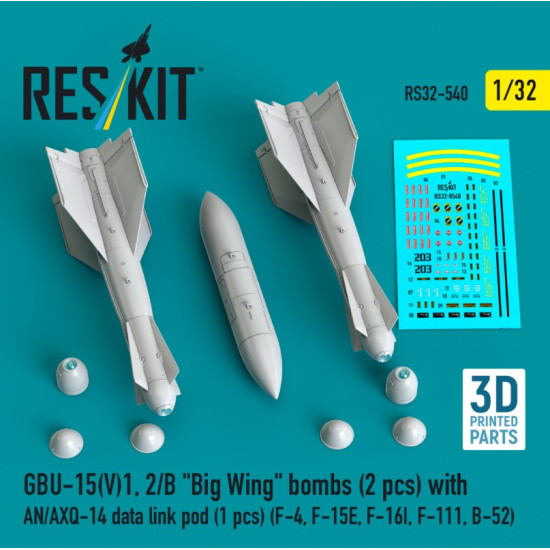 Reskit Rs32-0540 1/32 Gbu-15v1 2/B Big Wing Bombs 2 Pcs With An/Axq-14 Data Link Pod 1 Pcs F-4 F-15e F-16i F-111 B-52 3d Printed Reskit Rs32-0540 1/32 Gbu-15v1 2/B Big Wing Bombs 2 Pcs With An/Axq-14 Data Link Pod 1 Pcs F-4 F-15e F-16i F-111 B-52 3d Printed
