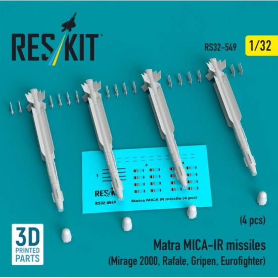 Reskit Rs32-0549 1/32 Matra Mica-ir Missiles 4 Pcs Mirage 2000 Rafale Gripen, Eurofighter 3d Printed Reskit Rs32-0549 1/32 Matra Mica-ir Missiles 4 Pcs Mirage 2000 Rafale Gripen, Eurofighter 3d Printed