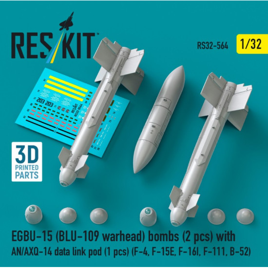 Reskit Rs32-0564 1/32 Egbu-15 Blu-109 Warhead Bombs 2 Pcs With An/Axq-14 Data Link Pod 1 Pcs F-4 F-15e F-16i F-111 B-52 3d Printed Reskit Rs32-0564 1/32 Egbu-15 Blu-109 Warhead Bombs 2 Pcs With An/Axq-14 Data Link Pod 1 Pcs F-4 F-15e F-16i F-111 B-52 3d Printed