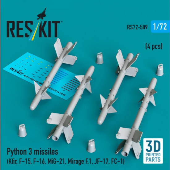 Reskit Rs72-0509 1/72 Python 3 Missiles 4 Pcs Kfir F-15 F-16 Mig-21 Mirage F 1 Jf-17 Fc-1 3d Printed Reskit Rs72-0509 1/72 Python 3 Missiles 4 Pcs Kfir F-15 F-16 Mig-21 Mirage F 1 Jf-17 Fc-1 3d Printed