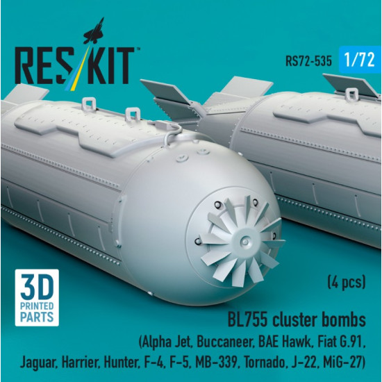 Reskit Rs72-0535 1/72 Bl755 Cluster Bombs 4 Pcs Alpha Jet Buccaneer Bae Hawk Fiat G91 Jaguar Harrier Hunter F-4 F-5 Mb-339 Tornado J-22 Mig-27 3d Printed