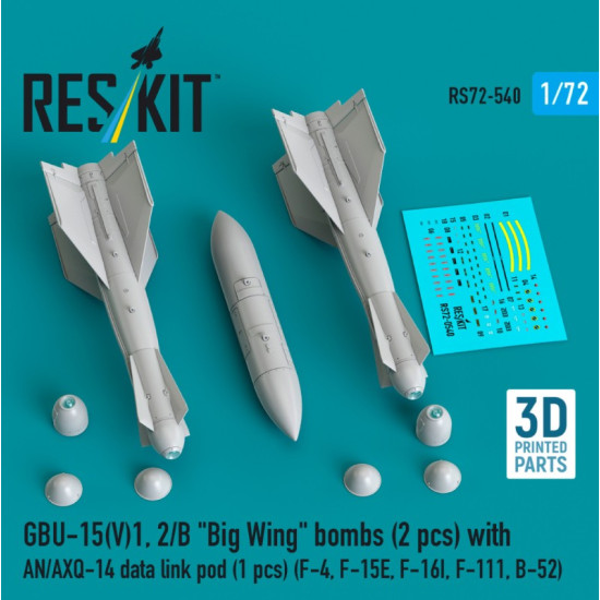 Reskit Rs72-0540 1/72 Gbu-15 V 1 2/B Big Wing Bombs 2 Pcs With An/Axq-14 Data Link Pod 1 Pcs F-4 F-15e F-16i F-111 B-52 3d Printed Reskit Rs72-0540 1/72 Gbu-15 V 1 2/B Big Wing Bombs 2 Pcs With An/Axq-14 Data Link Pod 1 Pcs F-4 F-15e F-16i F-111 B-52 3d Printed