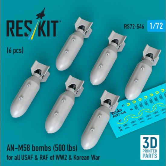 Reskit Rs72-0546 1/72 An-m58 Bombs 500 Lbs For All Usaf Raf Of Ww2 Korean War 6 Pcs 3d Printed Reskit Rs72-0546 1/72 An-m58 Bombs 500 Lbs For All Usaf Raf Of Ww2 Korean War 6 Pcs 3d Printed