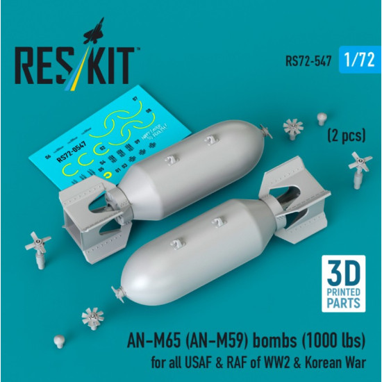 Reskit Rs72-0547 1/72 An-m65 An-m59 Bombs 1000 Lbs For All Usaf Raf Of Ww2 Korean War 2 Pcs 3d Printed