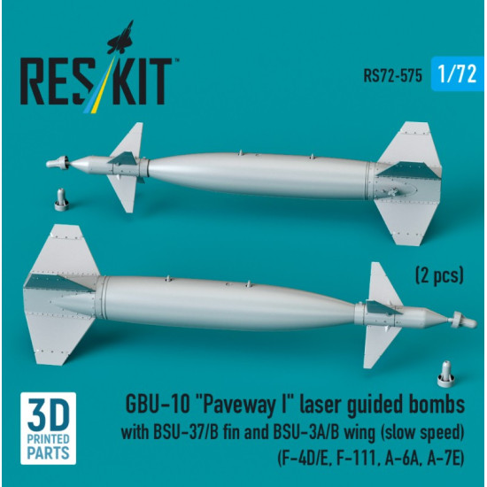 Reskit Rs72-0575 1/72 Gbu-10 Paveway I Laser Guided Bombs With Bsu-37/B Fin And Bsu-3a/B Wing Slow Speed 2pcs F-4d/E F-111 A-6a A-7e 3d Printed