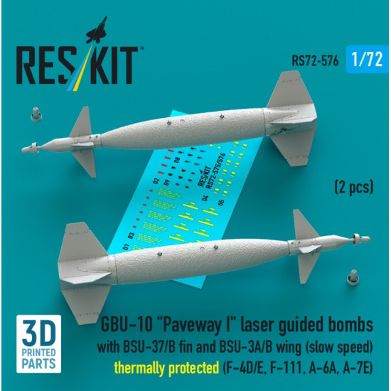 Reskit Rs72-0576 1/72 Gbu-10 Paveway I Laser Guided Bombs With Bsu-37/B Fin And Bsu-3a/B Wing Slow Speed Thermally Protected 2 Pcs F-4d/E F-111 A-6a A-7e 3d Printed