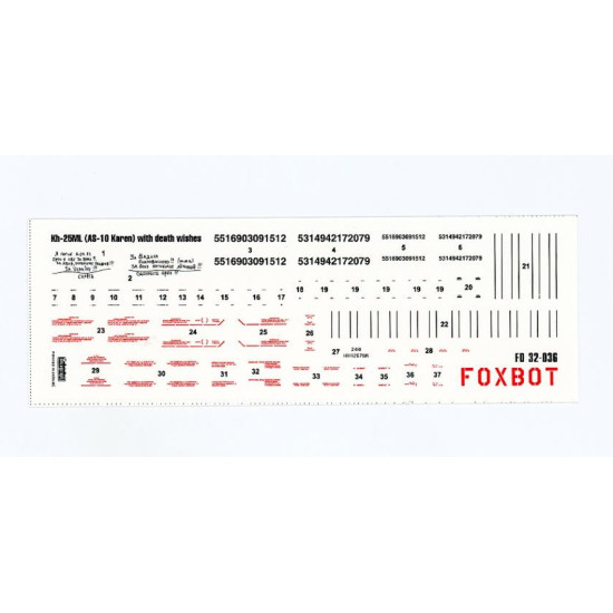 Foxbot 32-036 1/32 Decals Stencils For Missile Kh-25ml As-10 Karen With Death Wishes Ukrainian Air Forces Foxbot 32-036 1/32 Decals Stencils For Missile Kh-25ml As-10 Karen With Death Wishes Ukrainian Air Forces