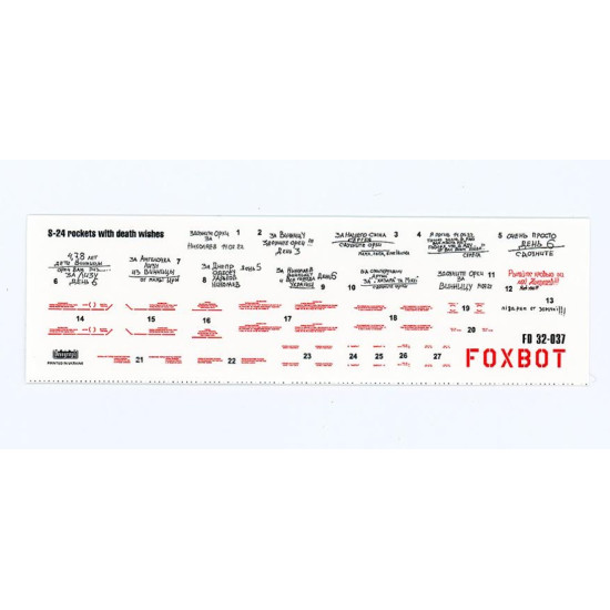 Foxbot 32-037 1/32 Decals Stencils For S-24 Rockets With Death Wishes Ukrainian Air Forces Foxbot 32-037 1/32 Decals Stencils For S-24 Rockets With Death Wishes Ukrainian Air Forces