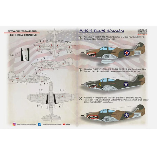 Print Scale 72-485 1/72 Bell P-39 Airacobra Decal For Aircraft