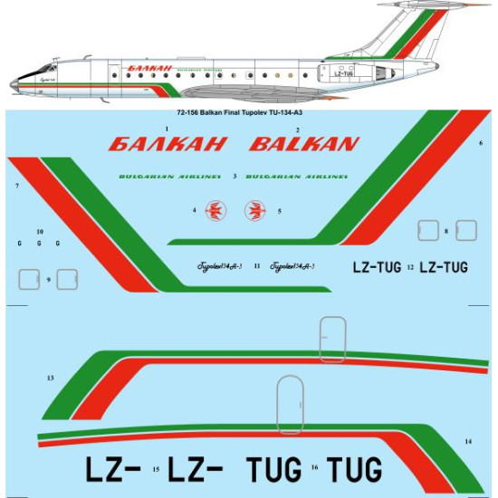 26decals 72-156 1/72 Balkan Late Tupolev Tu-134a Decal For Aircraft