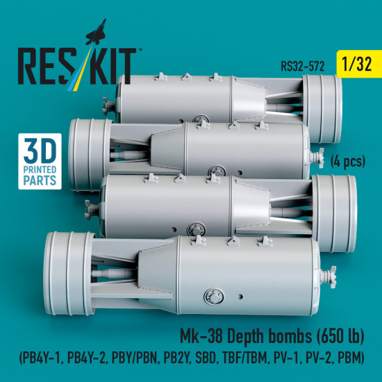 Reskit Rs32-0572 1/32 Mk-38 Depth Bombs 650 Lb 4 Pcs Resin Kit