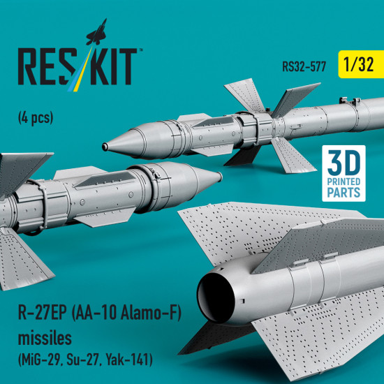 Reskit Rs32-0577 1/32 R-27ep Aa-10 Alamo-f Missiles 4 Pcs Mig-29, Su-27, Yak-141