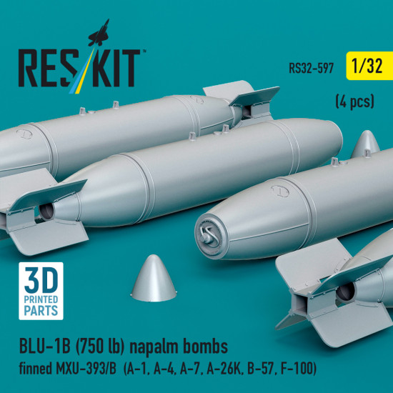 Reskit Rs32-0597 1/32 Dummy Resin Kit Blu-1b 750 Lb Napalm Bombs Finned Mxu-393/B 4 Pcs Reskit Rs32-0597 1/32 Dummy Resin Kit Blu-1b 750 Lb Napalm Bombs Finned Mxu-393/B 4 Pcs