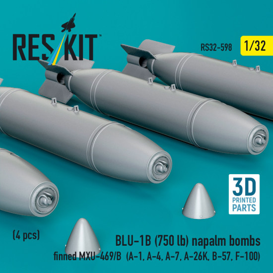 Reskit Rs32-0598 1/32 Dummy Kit Blu-1b 750 Lb Napalm Bombs Finned Mxu-469/B 4 Pcs