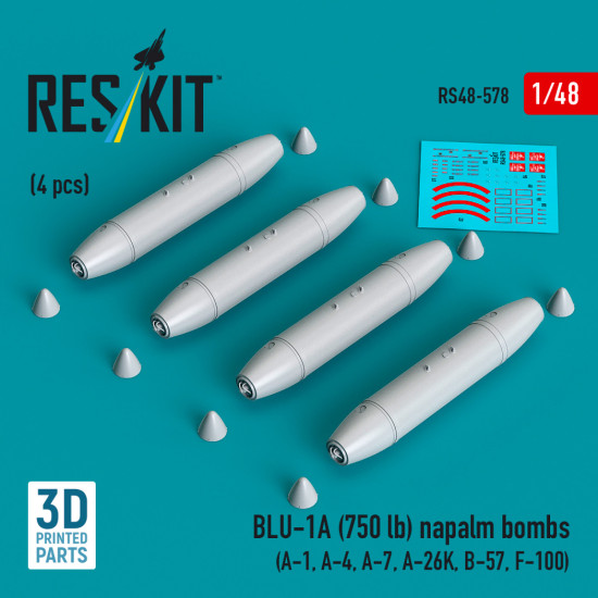 Reskit Rs48-0578 1/48 Blu-1a 750 Lb Napalm Bombs 4 Pcs