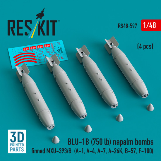Reskit Rs48-0597 1/48 Blu-1b 750 Lb Napalm Bombs Finned Mxu-393/B 4pcs Resin Kit