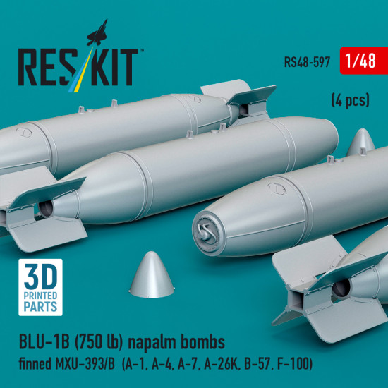 Reskit Rs48-0597 1/48 Blu-1b 750 Lb Napalm Bombs Finned Mxu-393/B 4pcs Resin Kit