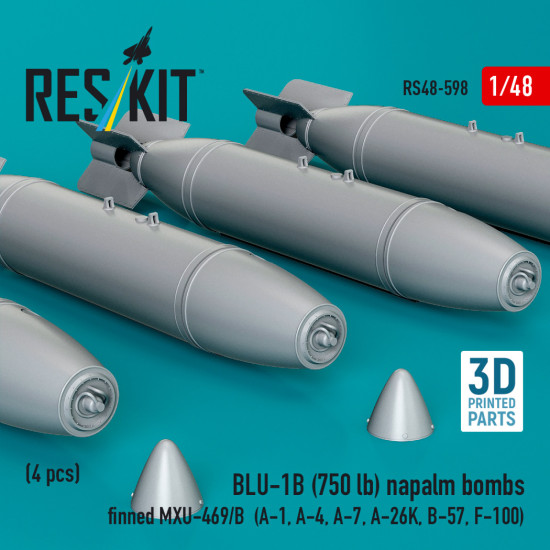 Reskit Rs48-0598 1/48 Blu-1b 750 Lb Napalm Bombs Finned Mxu-469/B 4pcs Resin Kit