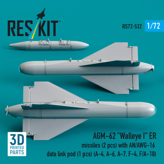 Reskit Rs72-0532 1/72 Agm-62 Walleye I Er Missiles 2 Pcs With An/Awg-16 Data Link Pod 1 Pcs Reskit Rs72-0532 1/72 Agm-62 Walleye I Er Missiles 2 Pcs With An/Awg-16 Data Link Pod 1 Pcs