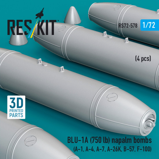 Reskit Rs72-0578 1/72 Blu-1a 750 Lb Napalm Bombs 4 Pcs Resin Kit Reskit Rs72-0578 1/72 Blu-1a 750 Lb Napalm Bombs 4 Pcs Resin Kit