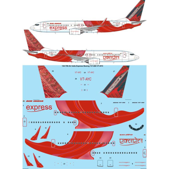 26decals 144-796 1/144 Air India Express Boeing 737-800 Vt-ayc Laser Decal