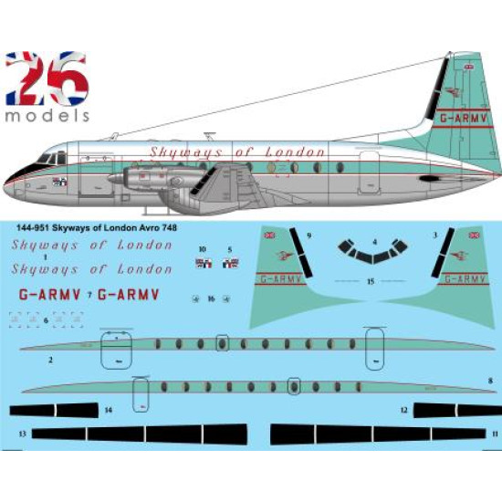 26decals 144-951 1/144 Skyways Of London Avro 748 For Authentic Airliners Kit Laser Decal