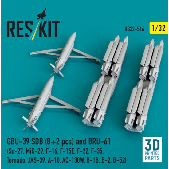 Reskit Rs32-0516 1/32 Gbu-39 Sdb 8 Pcs And Bru-61 2 Pcs Su-27 Mig-29 F-16 F-15e F-22 F-35 Tornado Jas-39 A-10 Ac-130w B-1b B-2 B-52 3d Printed