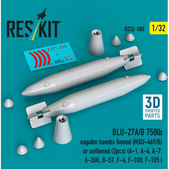 Reskit Rs32-0580 1/32 Blu-27a/B 750lb Napalm Bombs Finned Mxu-469/B Or Unfinned 2 Pcs A-1 A-4 A-7 A-26k B-57 F-4 F-100 F-105 3d Printed