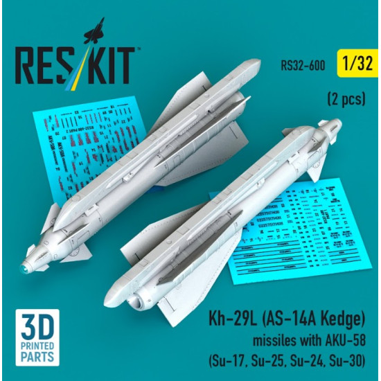 Reskit Rs32-0600 1/32 Kh-29l As-14a Kedge Missiles With Aku-58 2 Pcs Su-17 Su-25 Su-24 Su-30 3d Printed