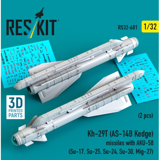 Reskit Rs32-0601 1/32 Kh-29t As-14b Kedge Missiles With Aku-58 2 Pcs Su-17 Su-25 Su-24 Su-30 Mig-27 3d Printed
