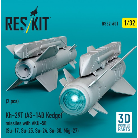 Reskit Rs32-0601 1/32 Kh-29t As-14b Kedge Missiles With Aku-58 2 Pcs Su-17 Su-25 Su-24 Su-30 Mig-27 3d Printed