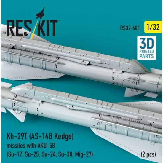 Reskit Rs32-0601 1/32 Kh-29t As-14b Kedge Missiles With Aku-58 2 Pcs Su-17 Su-25 Su-24 Su-30 Mig-27 3d Printed