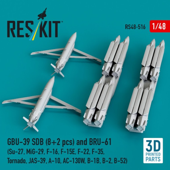 Reskit Rs48-0516 1/48 Gbu-39 Sdb 8 Pcs And Bru-61 2 Pcs Su-27 Mig-29 F-16 F-15e F-22 F-35 Tornado Jas-39 A-10 Ac-130w B-1b B-2 B-52 3d Printed