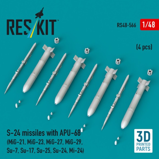 Reskit Rs48-0566 1/48 S-24 Missiles With Apu-68 4 Pcs Mig-21 Mig-23 Mig-27 Mig-29 Su-7 Su-17 Su-25 Su-24 Mi-24 3d Printed