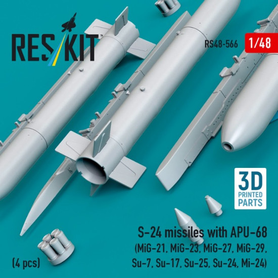 Reskit Rs48-0566 1/48 S-24 Missiles With Apu-68 4 Pcs Mig-21 Mig-23 Mig-27 Mig-29 Su-7 Su-17 Su-25 Su-24 Mi-24 3d Printed