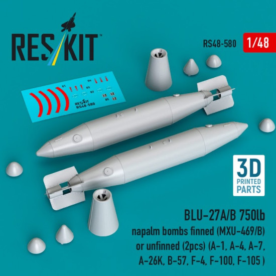 Reskit Rs48-0580 1/48 Blu-27a/B 750lb Napalm Bombs Finned Mxu-469/B Or Unfinned 2pcs A-1 A-4 A-7 A-26k B-57 F-4 F-100 F-105 3d Printed