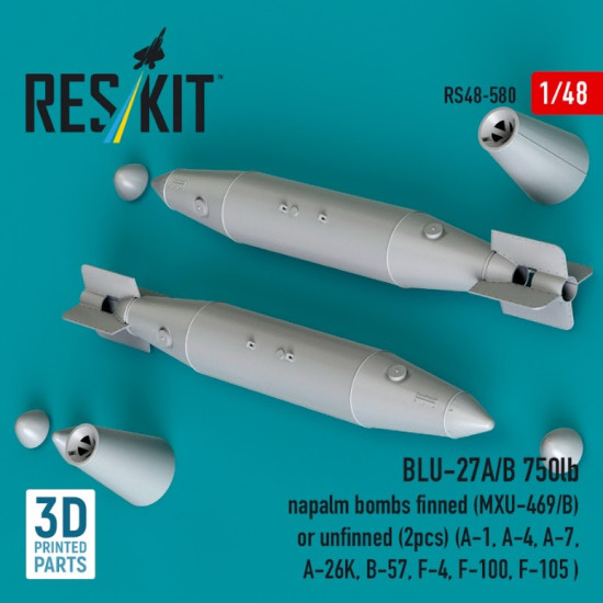 Reskit Rs48-0580 1/48 Blu-27a/B 750lb Napalm Bombs Finned Mxu-469/B Or Unfinned 2pcs A-1 A-4 A-7 A-26k B-57 F-4 F-100 F-105 3d Printed