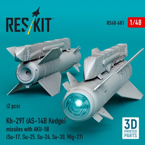 Reskit Rs48-0601 1/48 Kh-29t As-14b Kedge Missiles With Aku-58 2 Pcs Su-17 Su-25 Su-24 Su-30 Mig-27 3d Printed
