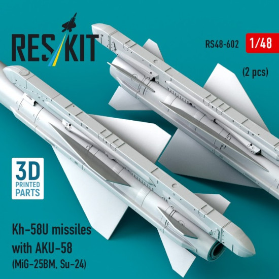 Reskit Rs48-0602 1/48 Kh-58u Missiles With Aku-58 2 Pcs Mig-25bm Su-24 3d Printed