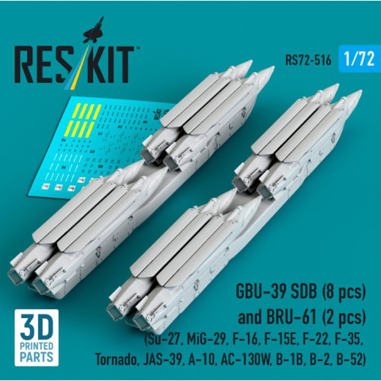 Reskit Rs72-0516 1/72 Gbu-39 Sdb 8 Pcs And Bru-61 2 Pcs Su-27 Mig-29 F-16 F-15e F-22 F-35 Tornado Jas-39 A-10 Ac-130w B-1b B-2 B-52 3d Printed