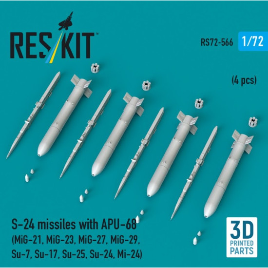 Reskit Rs72-0566 1/72 S-24 Missiles With Apu-68 4 Pcs Mig-21 Mig-23 Mig-27 Mig-29 Su-7 Su-17 Su-25 Su-24 Mi-24 3d Printed