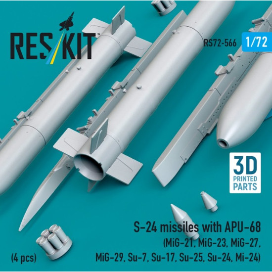 Reskit Rs72-0566 1/72 S-24 Missiles With Apu-68 4 Pcs Mig-21 Mig-23 Mig-27 Mig-29 Su-7 Su-17 Su-25 Su-24 Mi-24 3d Printed
