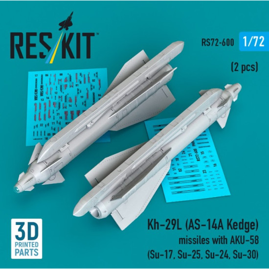 Reskit Rs72-0600 1/72 Kh-29l As-14a Kedge Missiles With Aku-58 2 Pcs Su-17 Su-25 Su-24 Su-30 3d Printed