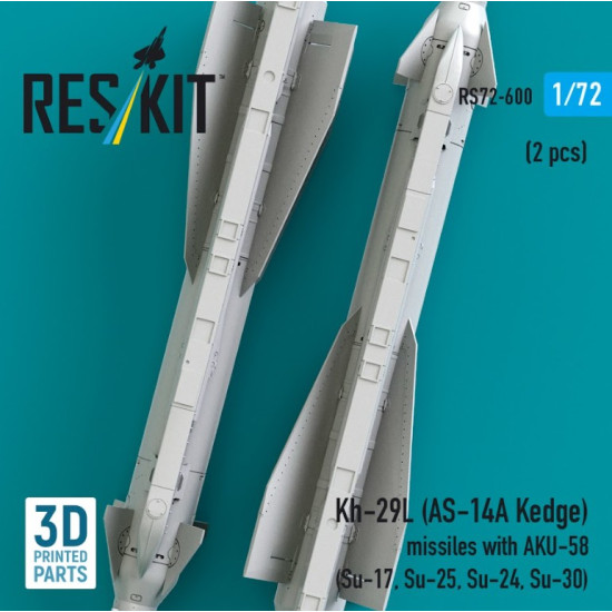 Reskit Rs72-0600 1/72 Kh-29l As-14a Kedge Missiles With Aku-58 2 Pcs Su-17 Su-25 Su-24 Su-30 3d Printed
