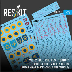 Reskit Rsb72-0001 1/72 Mig-25 Rbt Rbf Rbs Foxbat Blue 73 Blue 74 Red 17 Red 19 Ukrainian Air Forces Decals With Stencils